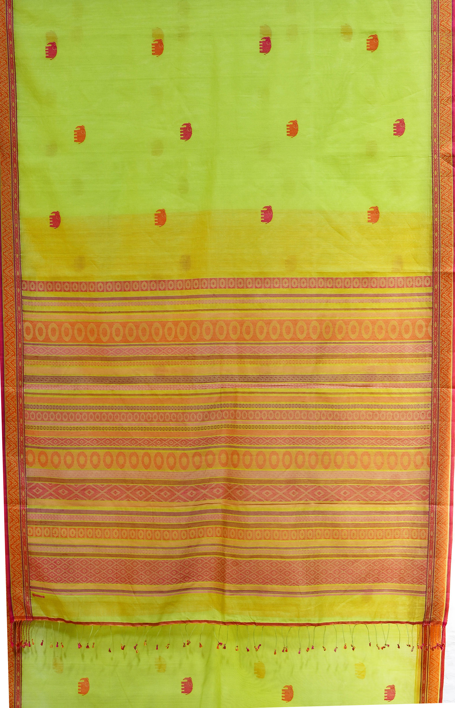 Greenish Yellow, Handwoven Organic Cotton, Textured Weave , Jacquard, Work Wear, Butta Saree